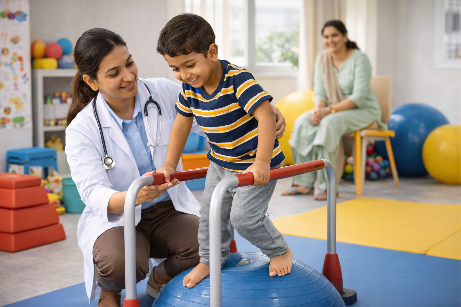 A child participating in playful physiotherapy exercises.